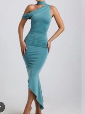 Oh Polly Fedella slinky asymmetric cowl-neck midaxi dress in sea green